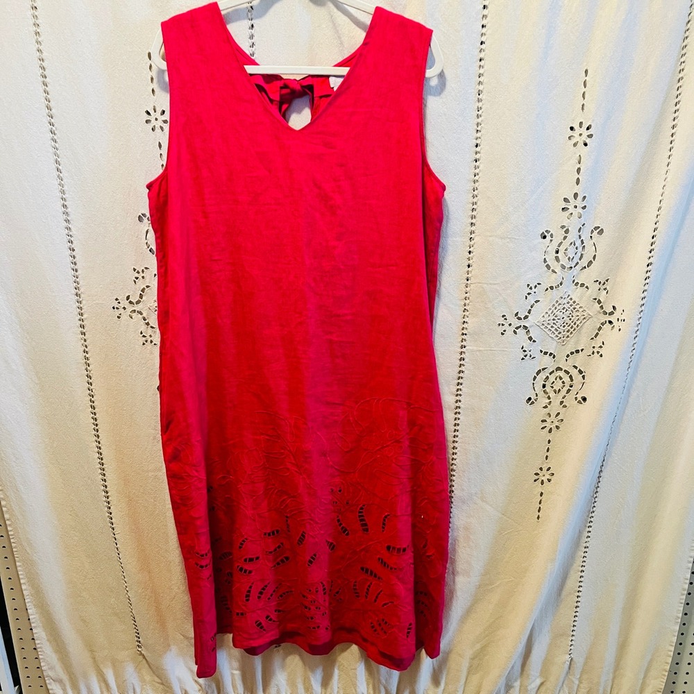 Chicos Women's Pink Linen Eyelet Embroidered Midi Dress Size 2 Beaded Tassel Tie